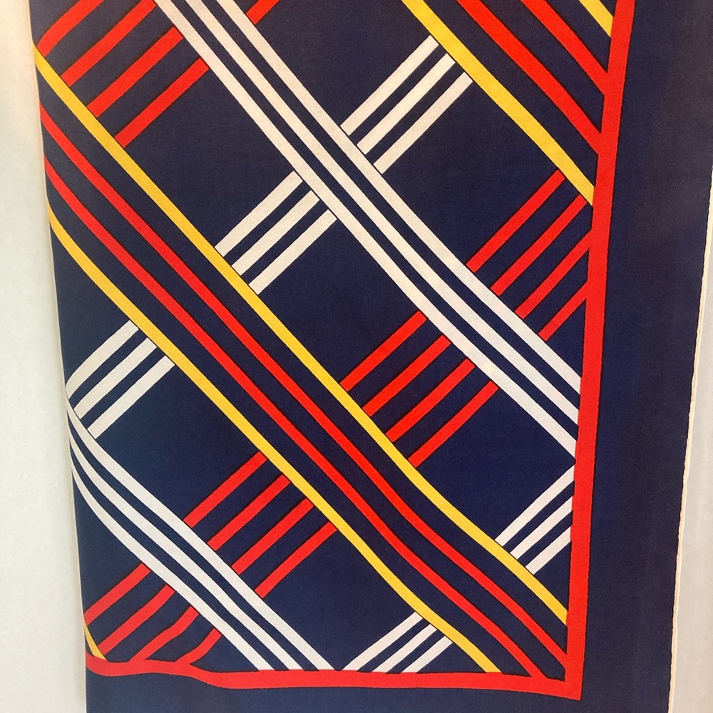 VETTER 100% Silk Geometric Navy Scarf with Red, Yellow, and White Stripes